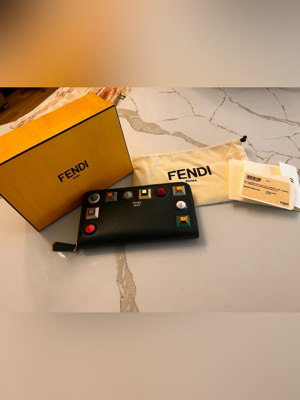 Fendi Black Leather Zip Wallet with Color Studs